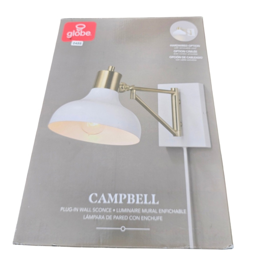 Globe Electric Campbell Wall Sconce Matte White Brass Plug-In‎ Hardwire 51344